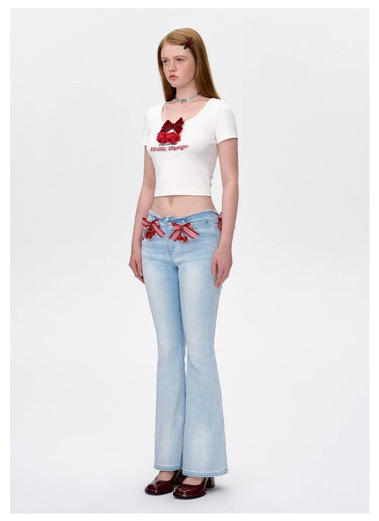 13DE MARZO Bear Cherry Bowknot Tee White