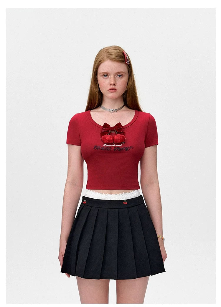 13DE MARZO Bear Cherry Bowknot Tee Red