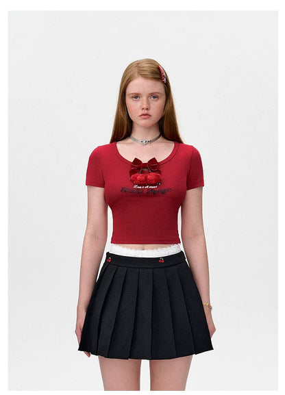13DE MARZO Bear Cherry Bowknot Tee Red