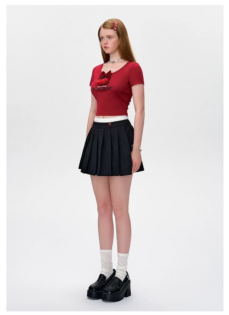 13DE MARZO Bear Cherry Bowknot Tee Red
