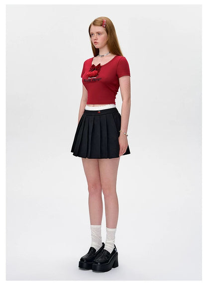 13DE MARZO Bear Cherry Bowknot Tee Red