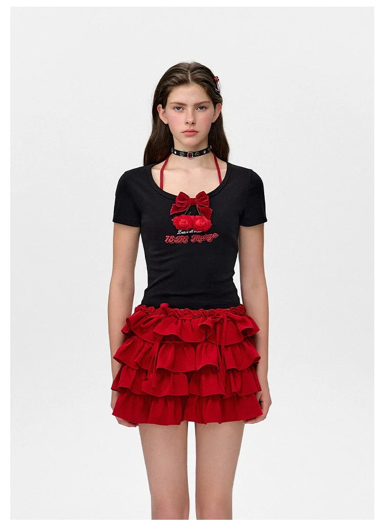 13DE MARZO Bear Cherry Bowknot Tee Black