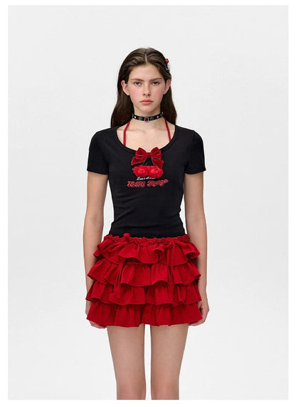 13DE MARZO Bear Cherry Bowknot Tee Black