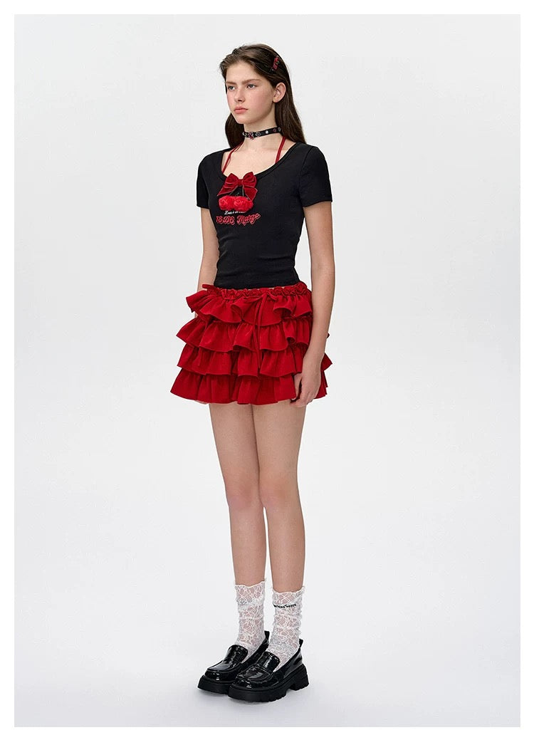 13DE MARZO Bear Cherry Bowknot Tee Black
