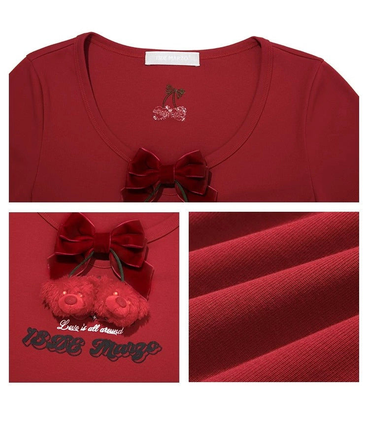 13DE MARZO Bear Cherry Bowknot Tee Red