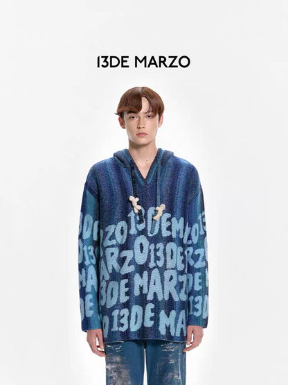 13DE MARZO Logo Printing Stripe Knit Hoodie Galactica