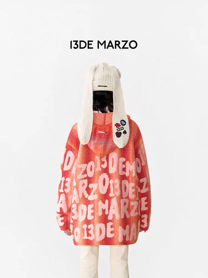 13DE MARZO Logo Printing Stripe Knit Hoodie Jaffa Orange
