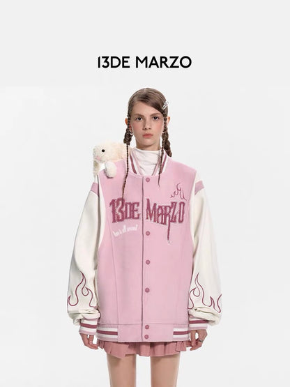 13DE MARZO Flame Baseball Jacket Mauve Chalk