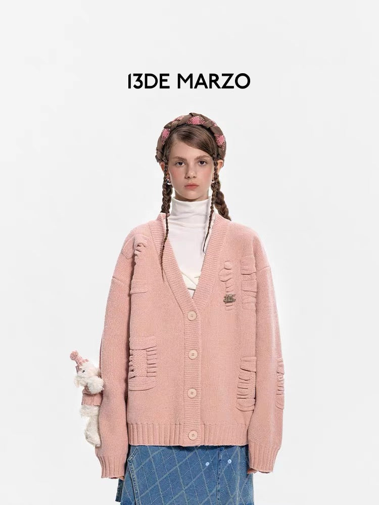 13DE MARZO Letter Weave Knit Cardigan Powder Pink