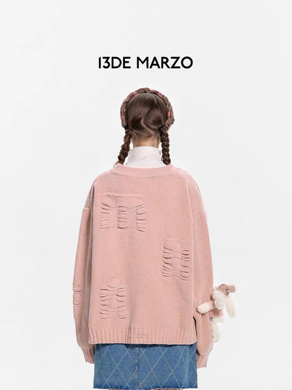 13DE MARZO Letter Weave Knit Cardigan Powder Pink