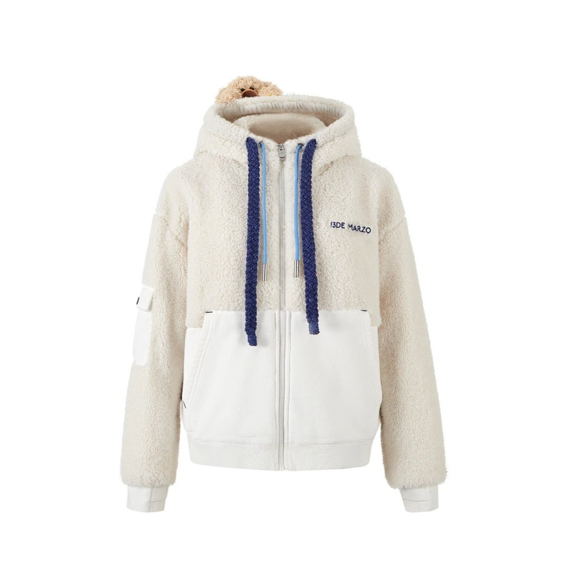 13DE MARZO Bear Half Fleece Hoodie Antique White