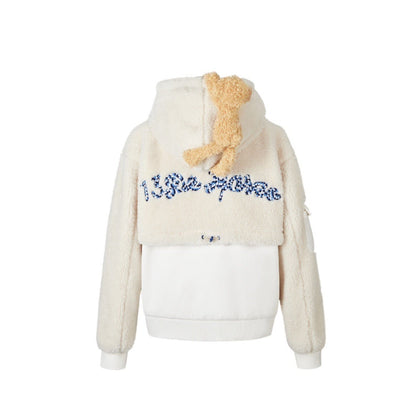 13DE MARZO Bear Half Fleece Hoodie Antique White