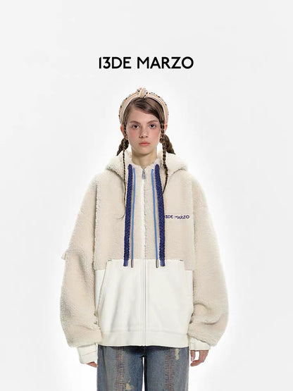 13DE MARZO Bear Half Fleece Hoodie Antique White