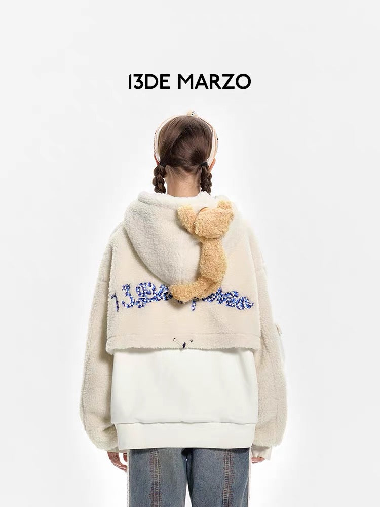 13DE MARZO Bear Half Fleece Hoodie Antique White