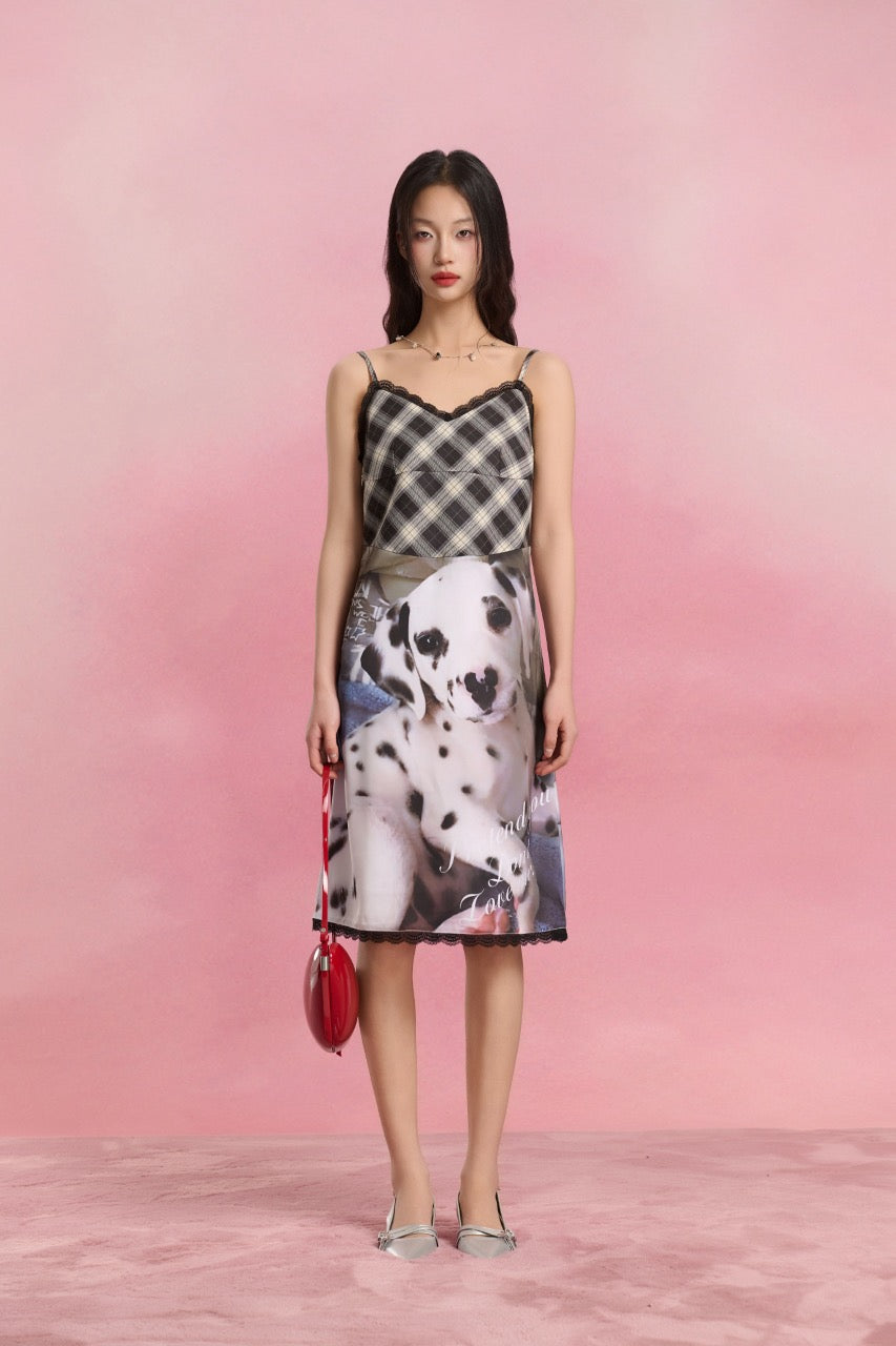 Sofitte Plaid Patchwork Dalmatian Dog Print Dress