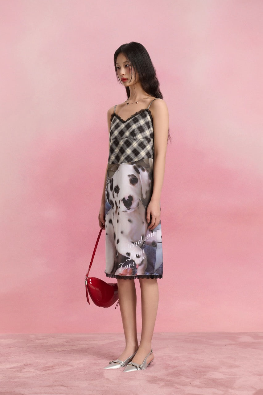 Sofitte Plaid Patchwork Dalmatian Dog Print Dress