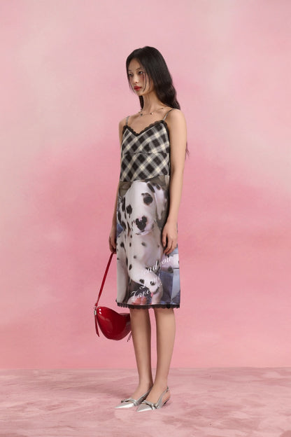 Sofitte Plaid Patchwork Dalmatian Dog Print Dress