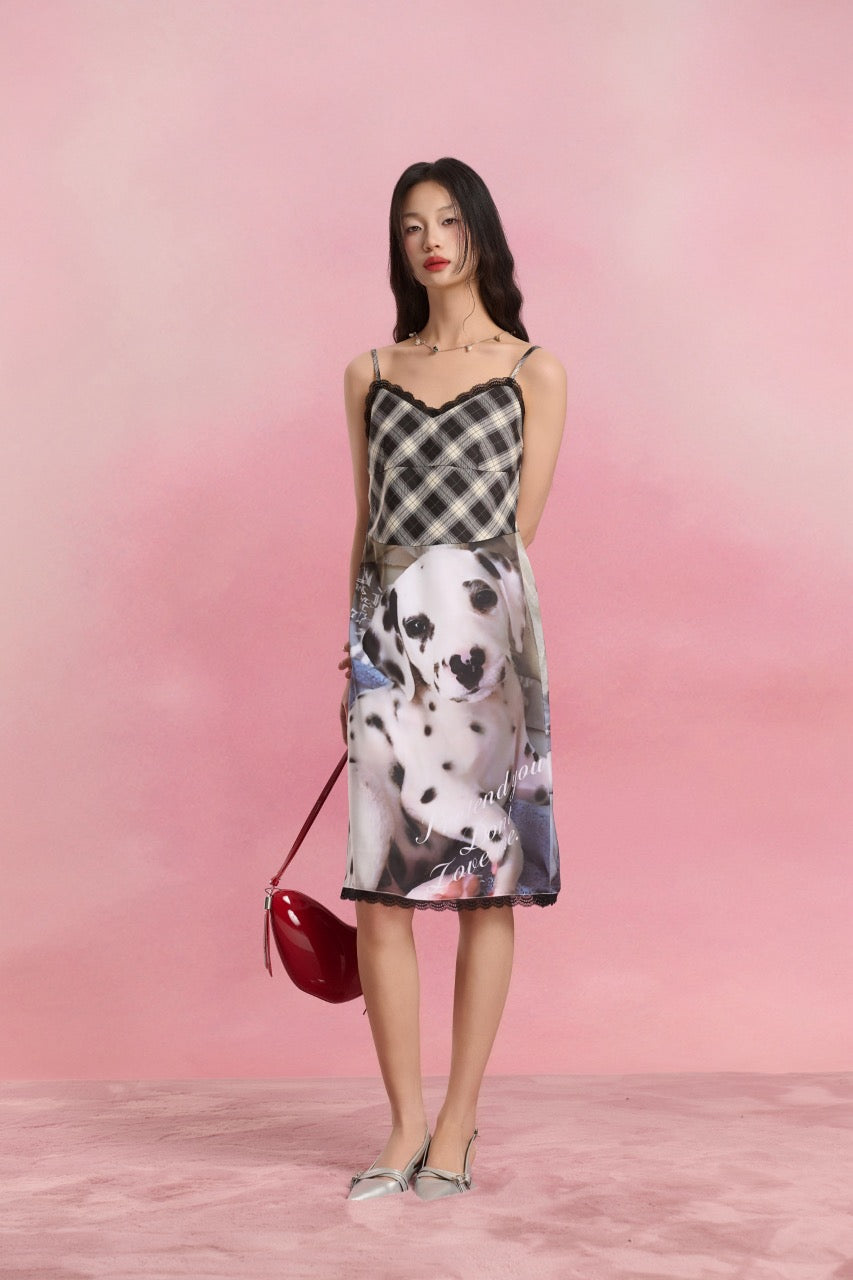 Sofitte Plaid Patchwork Dalmatian Dog Print Dress