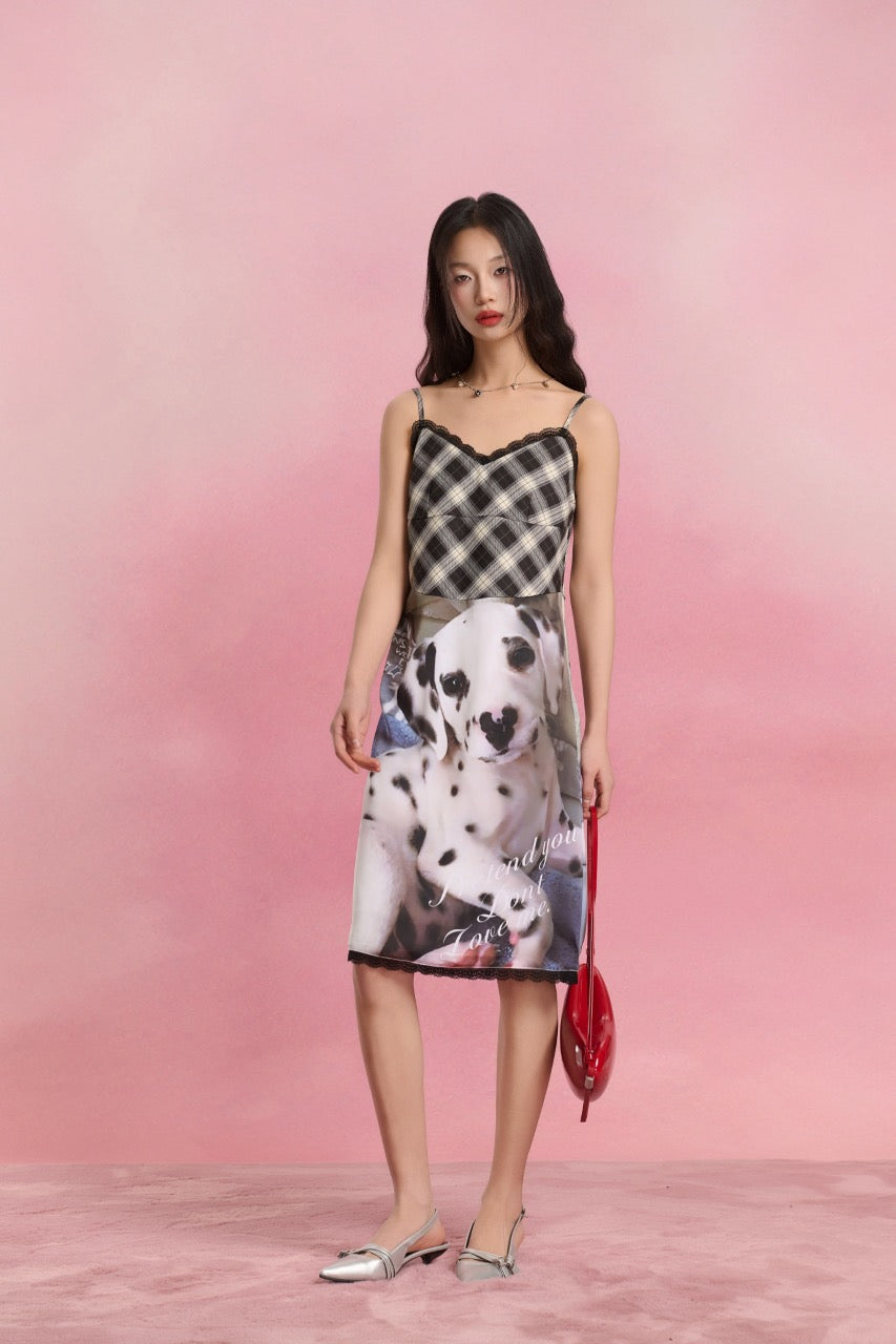 Sofitte Plaid Patchwork Dalmatian Dog Print Dress