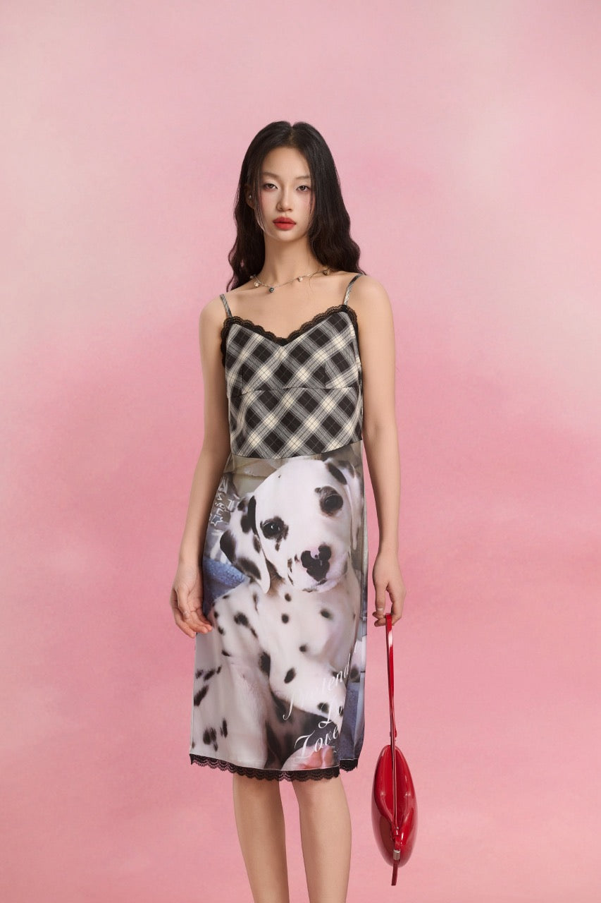 Sofitte Plaid Patchwork Dalmatian Dog Print Dress