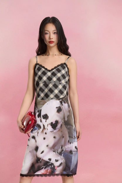 Sofitte Plaid Patchwork Dalmatian Dog Print Dress