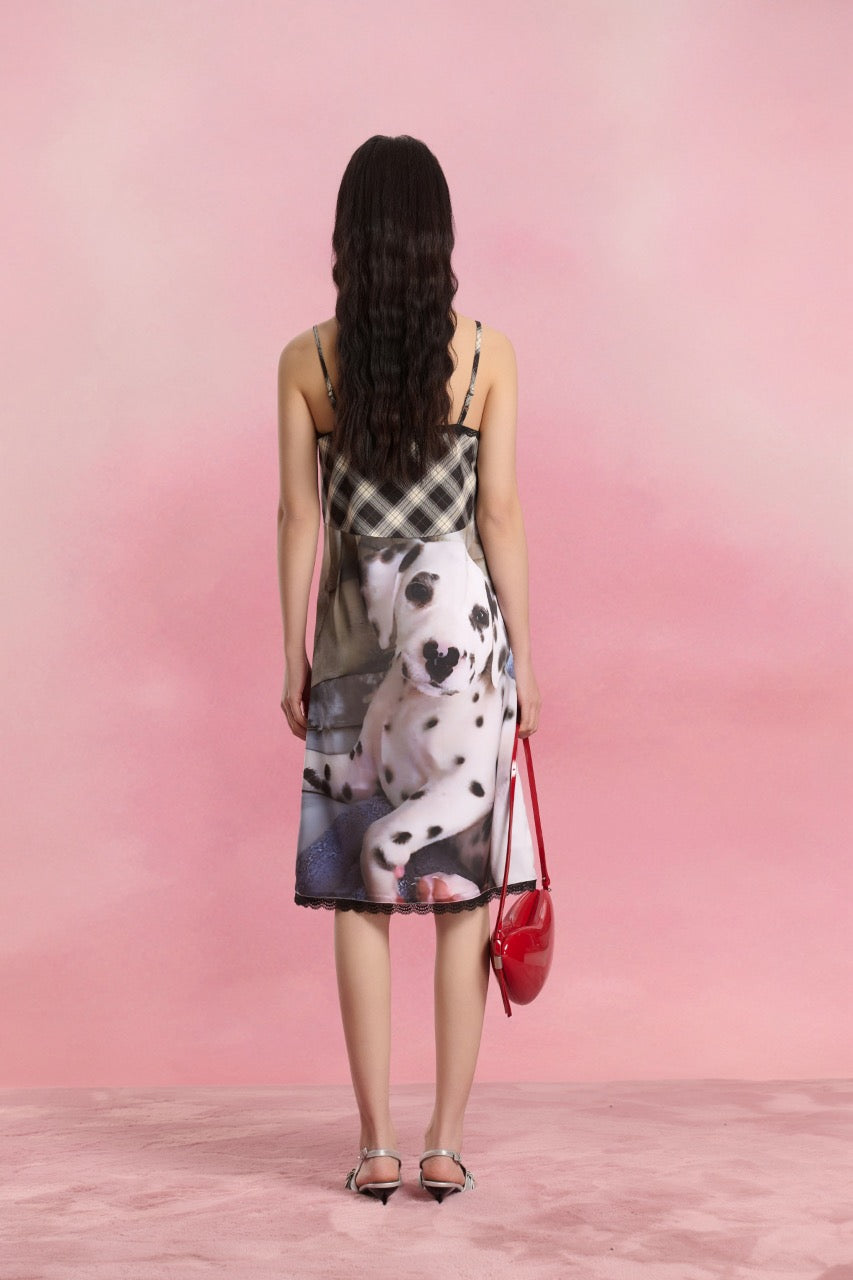 Sofitte Plaid Patchwork Dalmatian Dog Print Dress