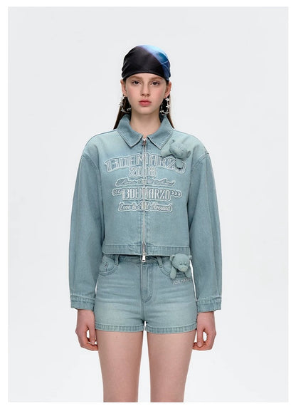 13DE MARZO Denim Frayed Embroidered Jacket Blue