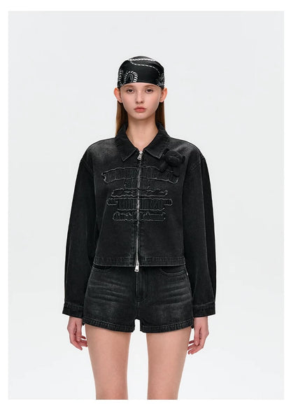 13DE MARZO Denim Frayed Embroidered Jacket Black