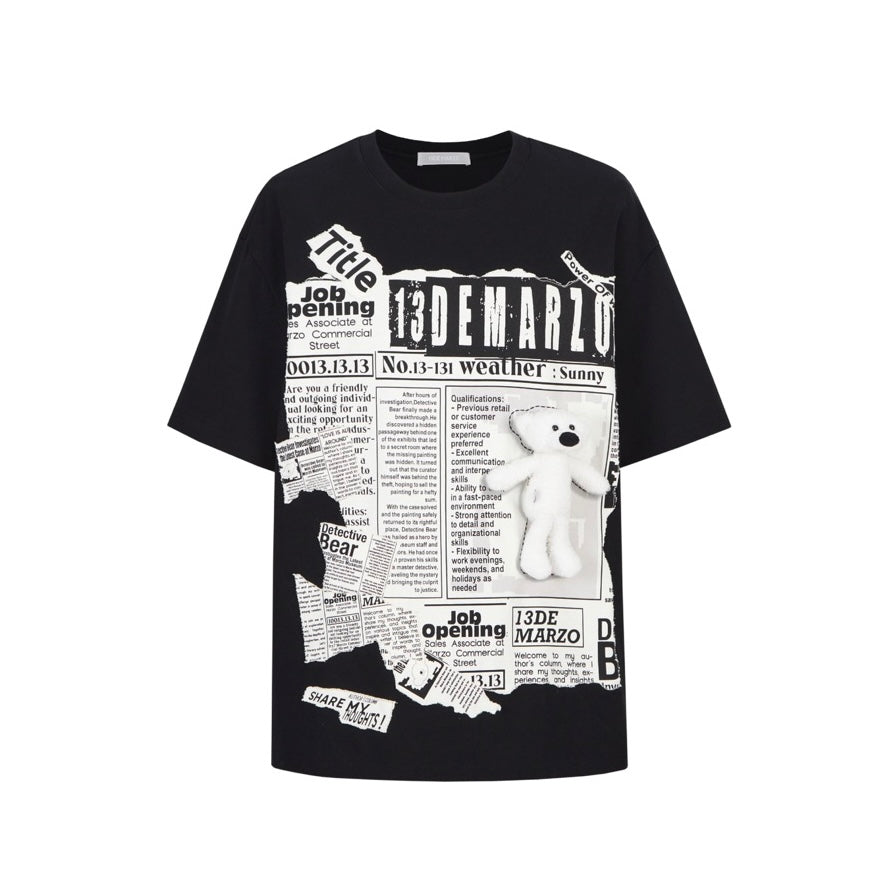 13DE MARZO Bear Newspaper T-Shirt Black