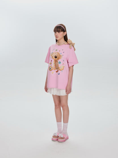 13DE MARZO Bear Stickers T-Shirt Pink