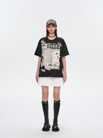 13DE MARZO Bear Newspaper T-Shirt Black