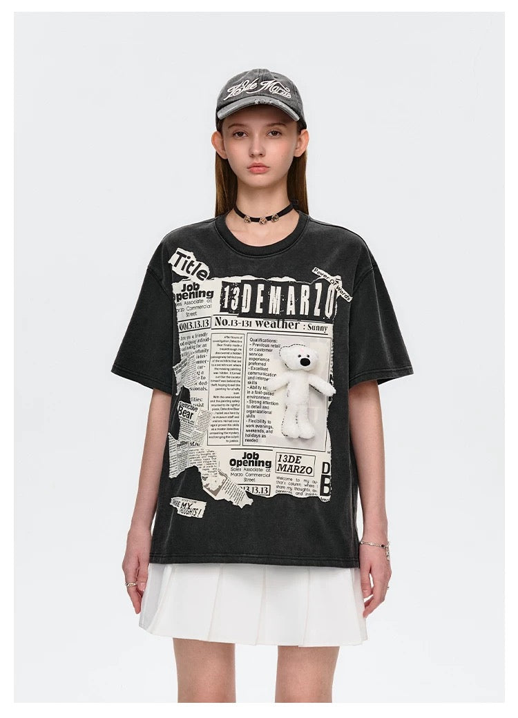 13DE MARZO Bear Newspaper T-Shirt Black