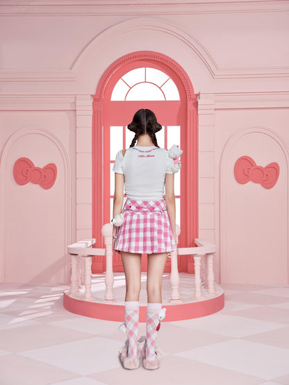 13DE MARZO Hello Kitty Bear Plaid Skirt Shocking Pink