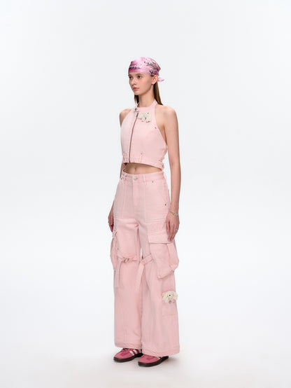 13DE MARZO Halter Denim Top Pink