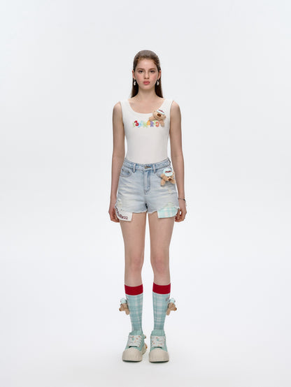 13DE MARZO Embroidered Colour-block Letter Tank Grey White