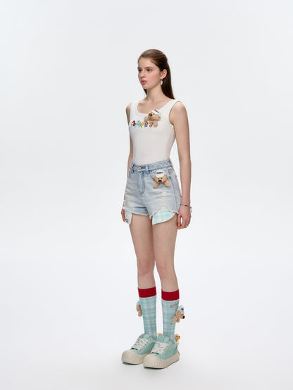 13DE MARZO Embroidered Colour-block Letter Tank Grey White