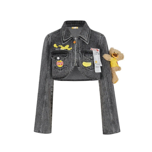 13DE MARZO X Lay's Bear Washed Denim Short Jacket Gray