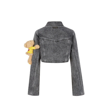 13DE MARZO X Lay's Bear Washed Denim Short Jacket Gray