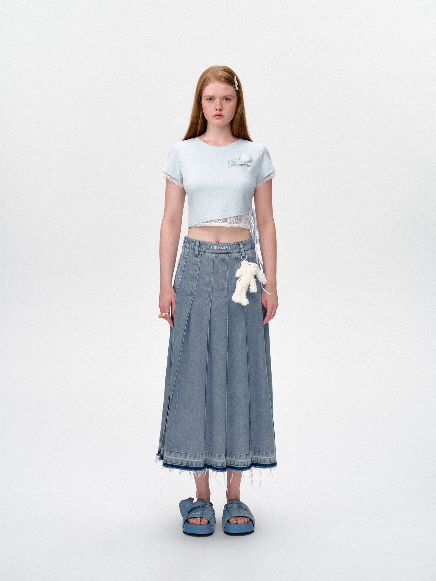 13DE MARZO Bear Lacy Tight Short Top Blue