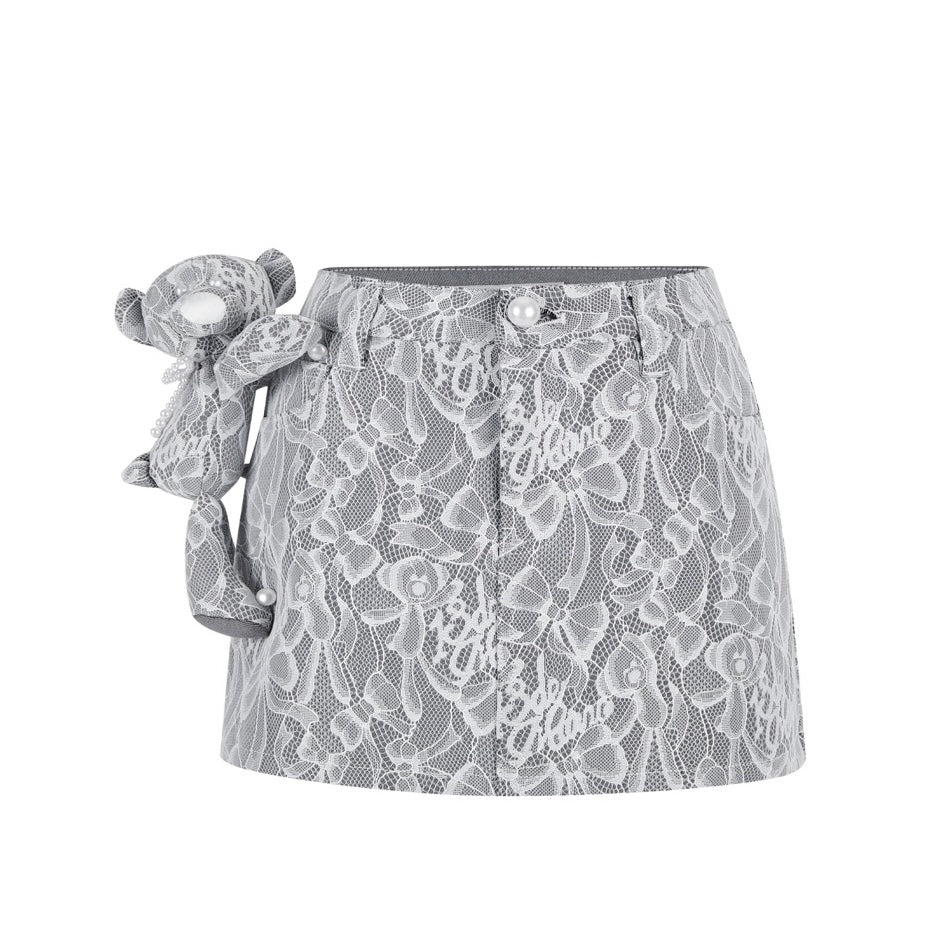 13DE MARZO Bear Lacy Denim Skirt Grey