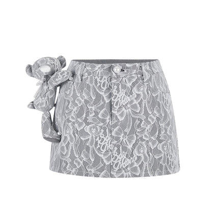 13DE MARZO Bear Lacy Denim Skirt Grey