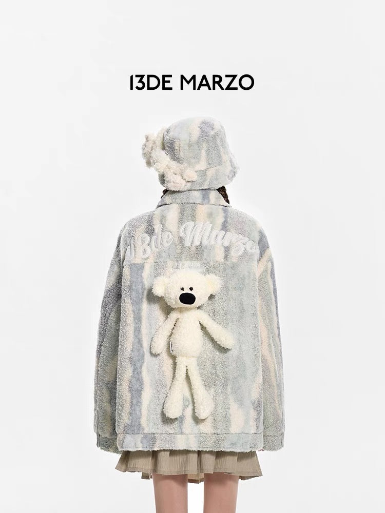 13DE MARZO Bear Stripe Fleece Coat Metal