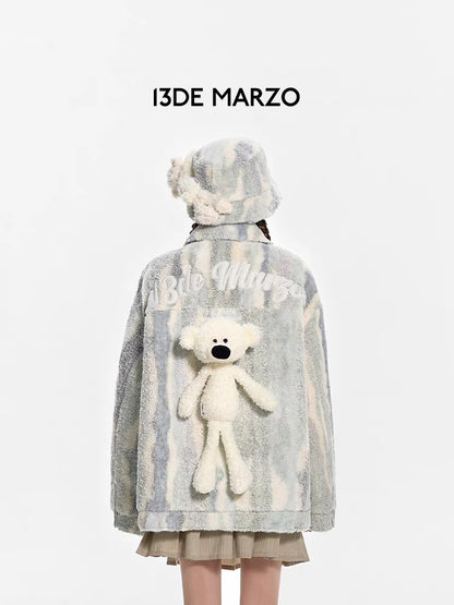 13DE MARZO Bear Stripe Fleece Coat Metal