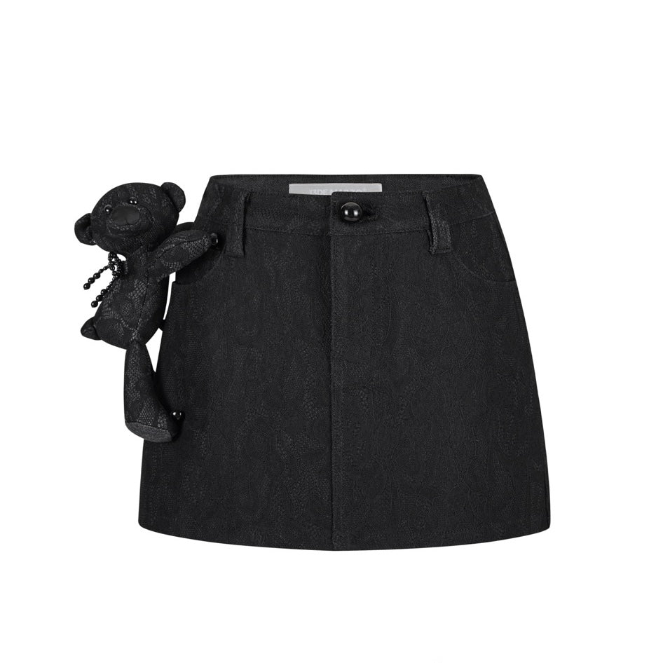13DE MARZO Bear Lacy Denim Skirt Black