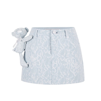13DE MARZO Bear Lacy Denim Skirt Blue