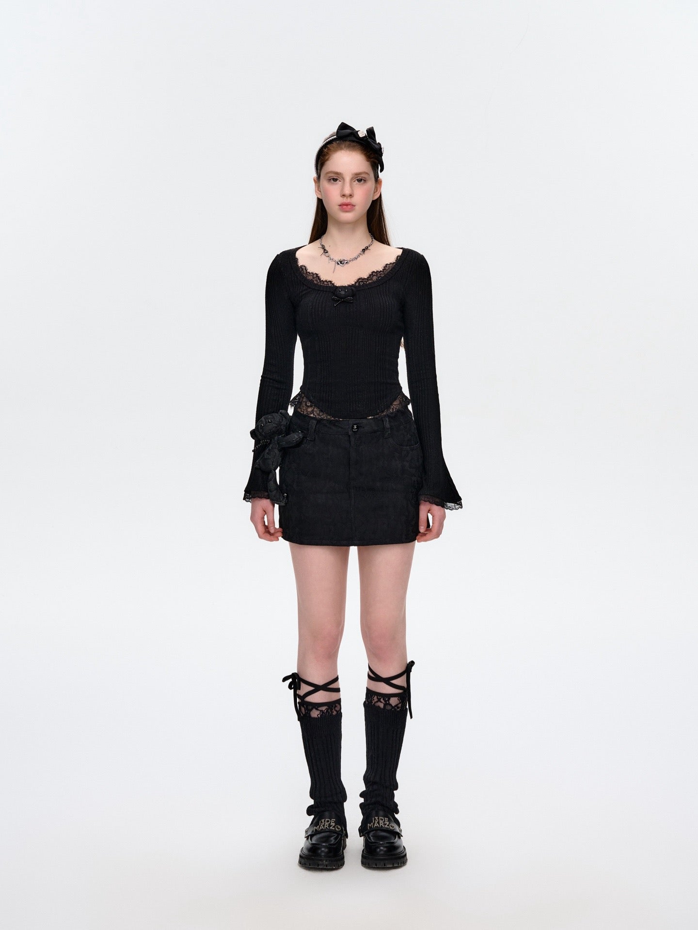 13DE MARZO Bear Lacy Denim Skirt Black
