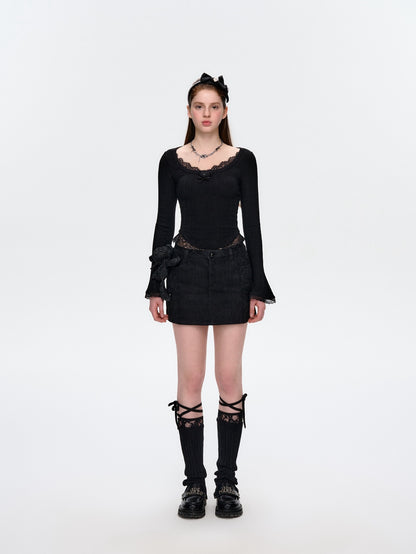 13DE MARZO Bear Lacy Denim Skirt Black