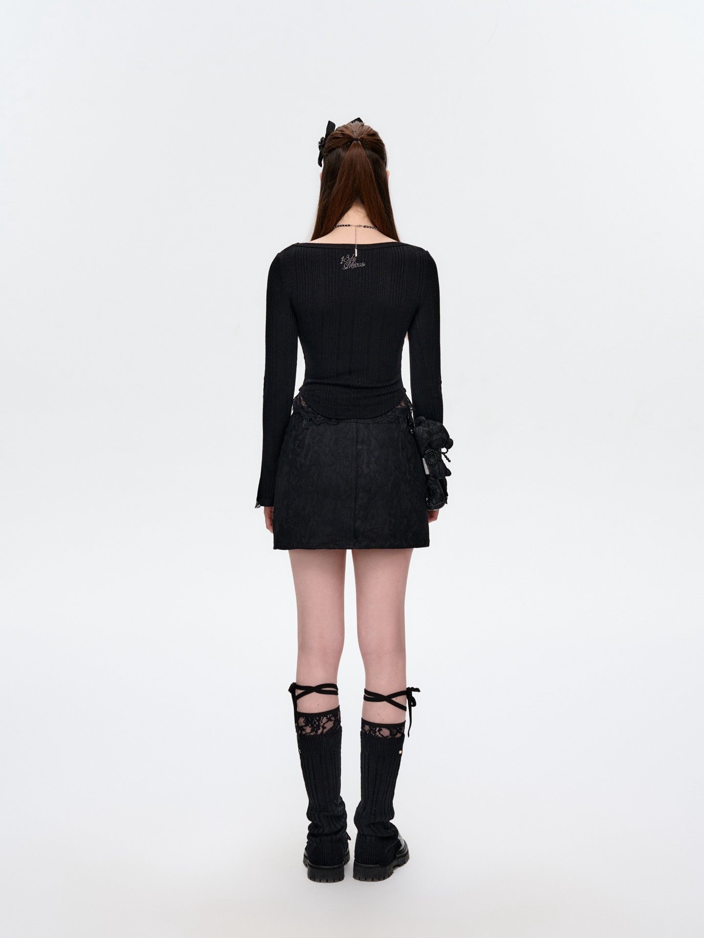 13DE MARZO Bear Lacy Denim Skirt Black