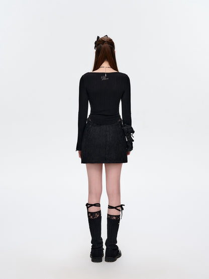 13DE MARZO Bear Lacy Denim Skirt Black