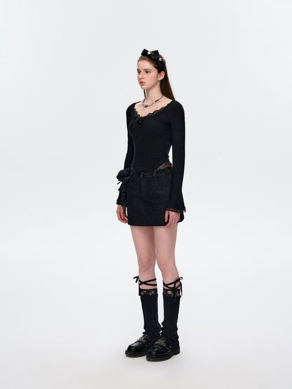 13DE MARZO Bear Lacy Denim Skirt Black